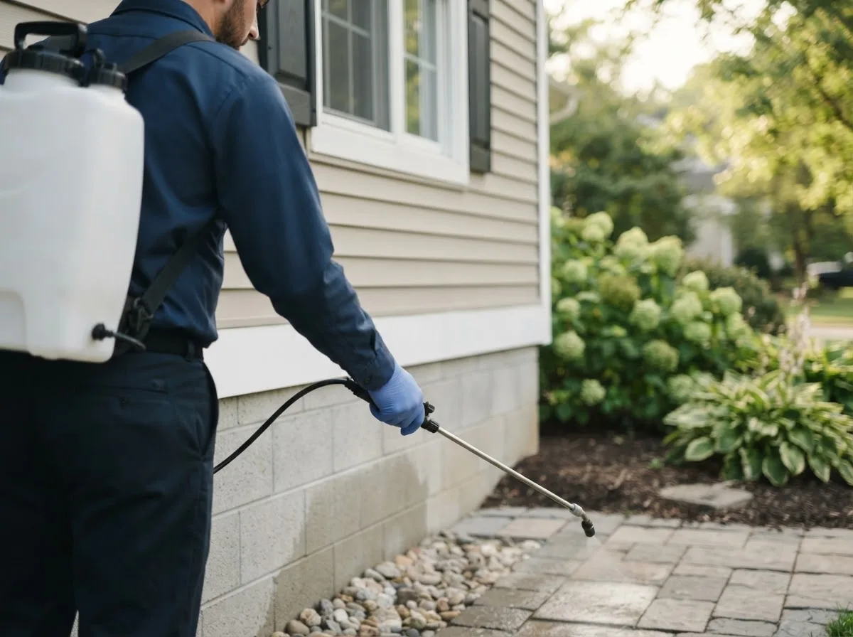 Pest control technician inspecting a home in Funk, NE